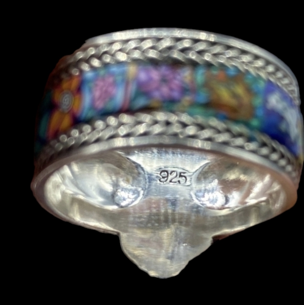 Vintage Size 8 Enamel Millefiori and 925 Sterling Silver Ring - Picture 5 of 5